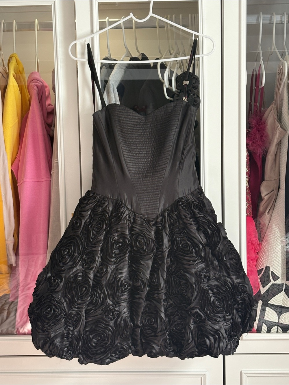 Betsey Johnson Black Rosette Fit-and-Flare Spaghetti Strap Dress